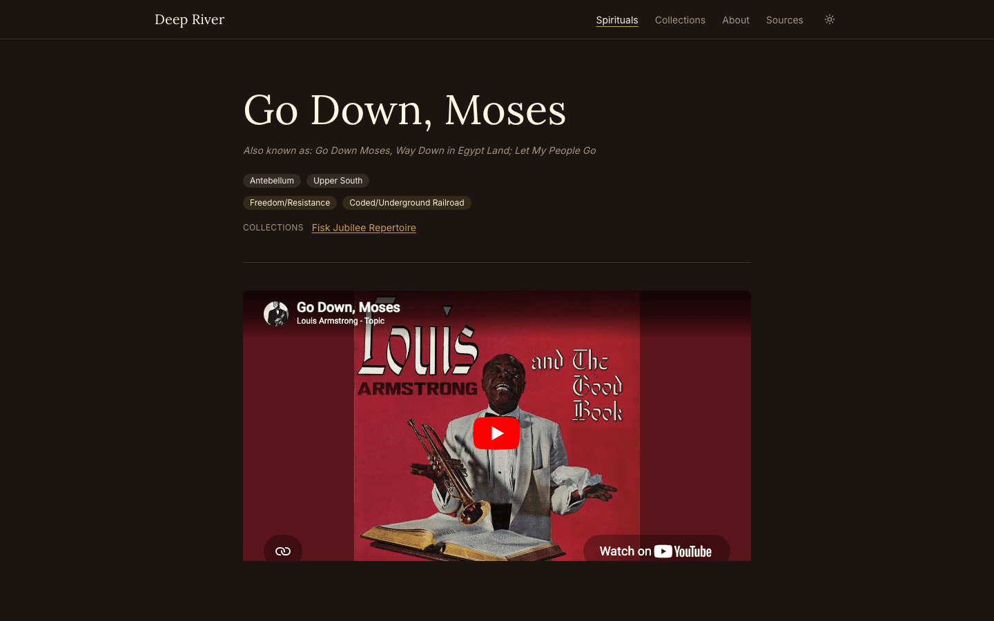 Go Down, Moses detail page showing the spiritual's thematic tags (Freedom/Resistance, Coded/Underground Railroad) alongside its collection attribution
