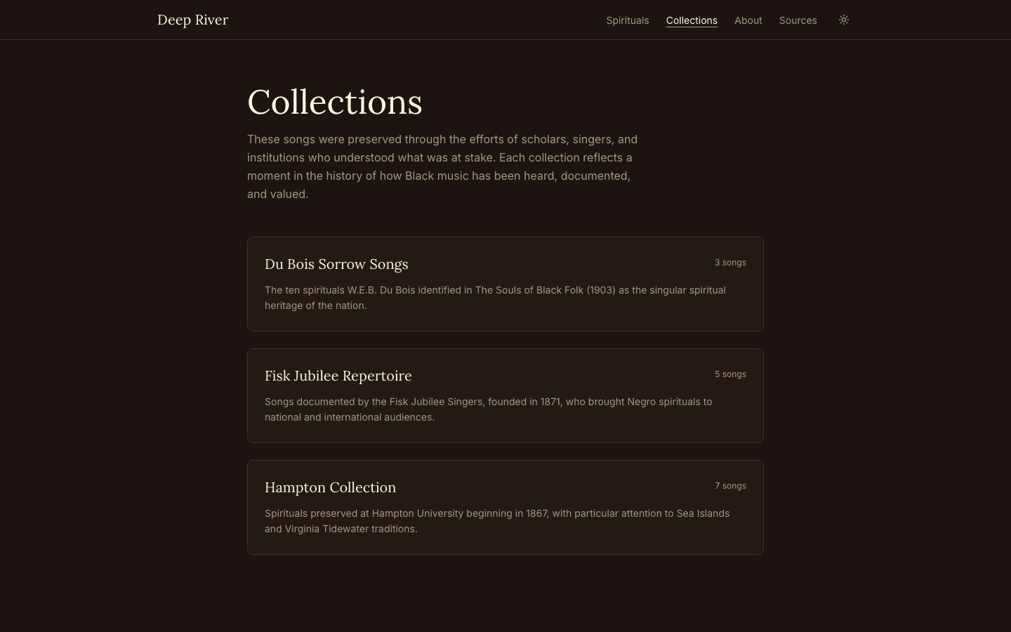 The Collections page showing Du Bois Sorrow Songs (3 songs), Fisk Jubilee Repertoire (5 songs), and Hampton Collection (7 songs) with descriptions of each collector's historical significance