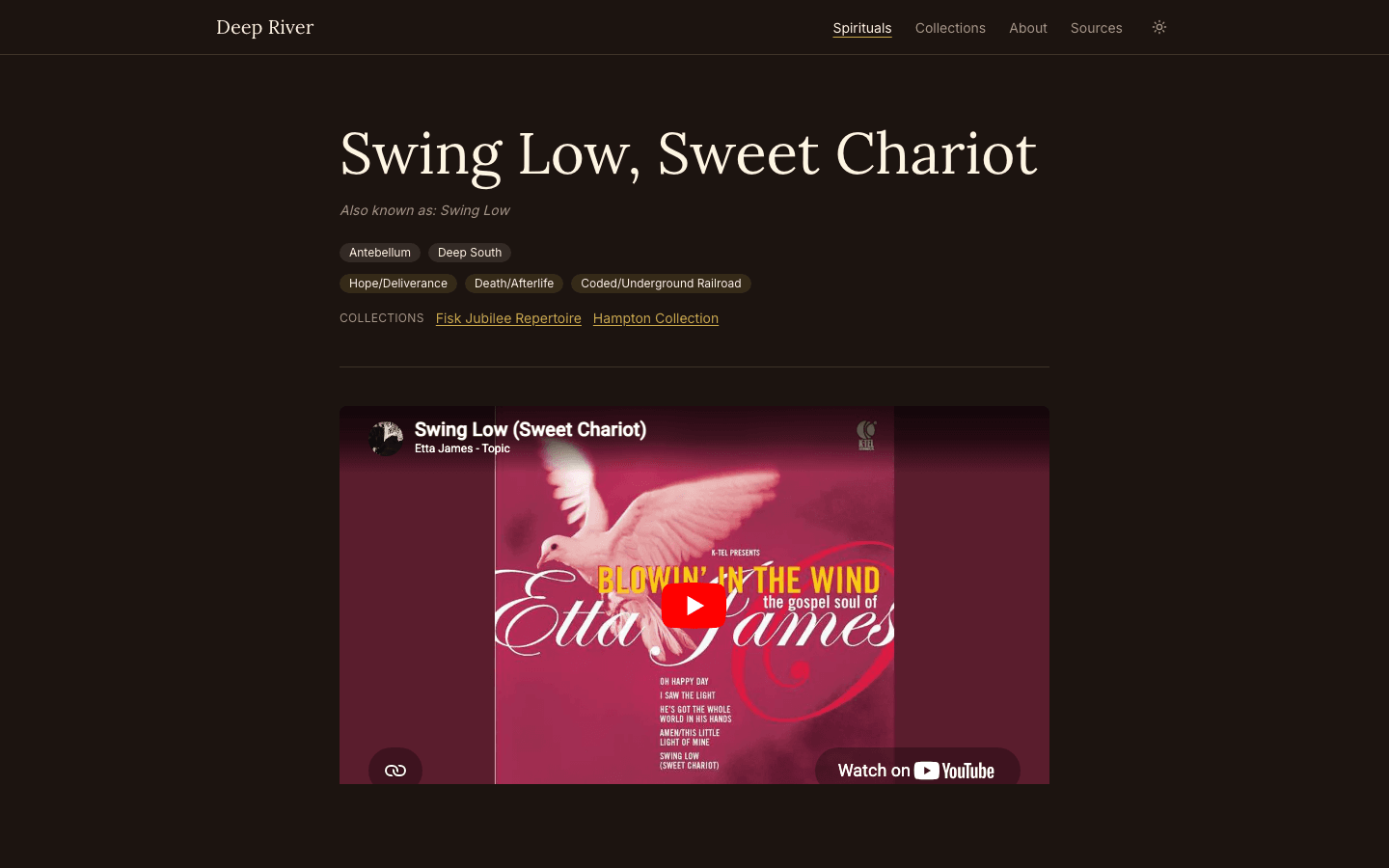 Swing Low, Sweet Chariot detail page showing tags for Antebellum era, Deep South region, and themes including Hope/Deliverance, Death/Afterlife, and Coded/Underground Railroad